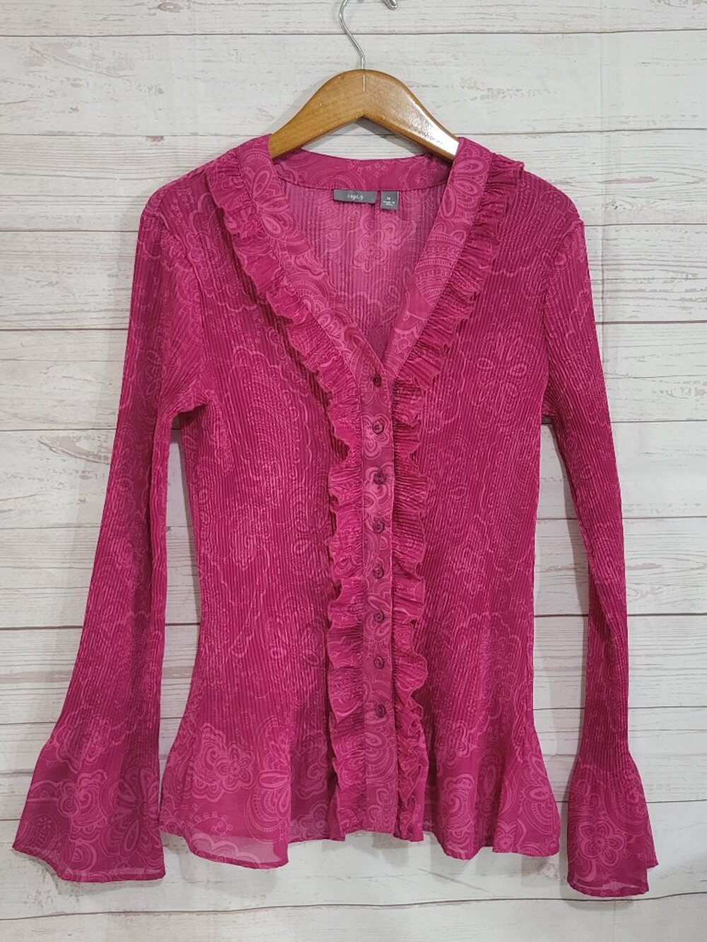 Apt 9 Button Up Top Womens Medium Pink Floral Crinkle Ruffle Whimsigoth Y2K Bell